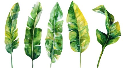 Set of Watercolor Banana Leaves on a White Background Tropical Foliage. Concept Tropical Foliage, Watercolor Illustration, 