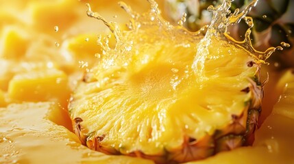 A close-up shot of a juicy pineapple slice with juice splashing in a vibrant tropical explosion.