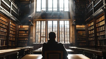 Poster - A person sits at a desk in a library looking out the window.