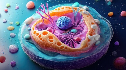 Poster - A creative 3D model of a cell, with vibrant colors and detailed structures, showcasing biological research.