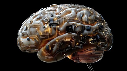 Poster - A creative 3D model of the brain with circuits and wires, symbolizing neuroscience and technology merging.