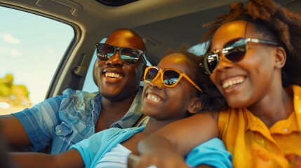 Three family members in car wearing sunglasses smiling. Concept Family, Car, Sunglasses, Smiling, Joy