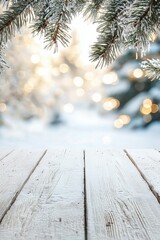 white table on the background of snowy nature. Selective focus