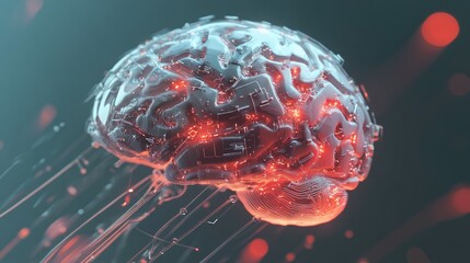 Poster - A creative 3D model of the brain with circuits and wires, symbolizing neuroscience and technology merging.