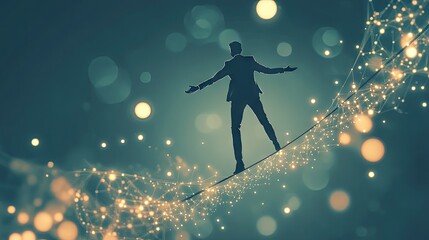 Poster - A creative business concept featuring a businessman balancing on a tightrope with glowing data points surrounding him.