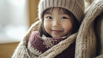 The little Asian girl, wearing a warm hat and scarf, tries to smile as she cuddles with her favorite blanket. Her parents' constant care provides a sense of security.