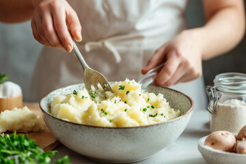 Wall Mural - Woman preparing tasty mashed potatoes on light background, closeup