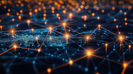 Poster - A creative digital network with nodes connecting in a glowing pattern, symbolizing global business connections.