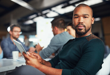 Fototapete - Serious, portrait and man in meeting with tablet, research or agenda for creative workshop in office. Confidence, face and business people in conference room for team collaboration at digital agency