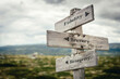 © Jon Anders Wiken - fidelity bravery integrity text quote on wooden directional signpost outdoors in nature