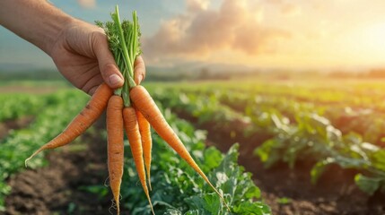 Canvas Print - Farmer proudly holding an organic carrot, standing in lush vegetable field