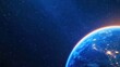 © Panuma - A stunning view of Earth from space, showcasing blue oceans, city lights, and a starry background in a captivating cosmic scene.
