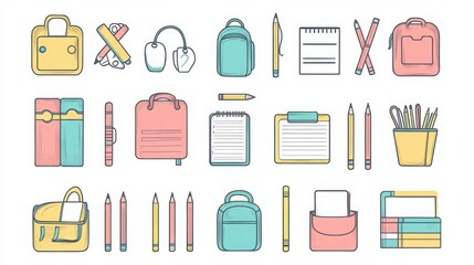 Wall Mural - School Supplies thin line icon set. Containing pencils, pens, erasers, notebooks, rulers, highlighters, glue stick, crayons, pencil sharpener, colored markers, backpack, folders