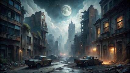 Abandoned cityscape with crumbling buildings, overturned cars, and debris-filled streets, shrouded in darkness, with eerie mist and faint moonlight, evoking a desolate post-apocalyptic atmosphere.