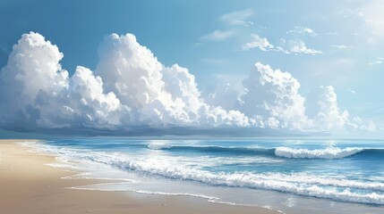 Wall Mural - Visualize a tranquil beach scene where soft, white clouds float above a sandy shore, blending seamlessly with the calm ocean waves and sunlit sky