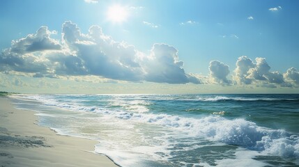 Poster - Visualize a tranquil beach with a cloud-filled sky, where the sunlight dances on the waves and the soft sand invites you to relax and unwind in peace