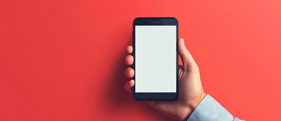 A business professional using a smartphone with a blank screen, perfect for text copy The setting highlights social media presence and digital identity