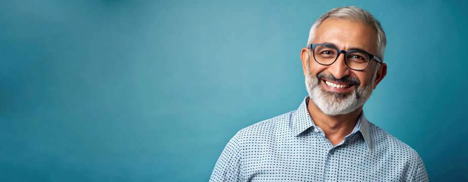 Smiling Arab senior man with glasses poses against a blue background in a casual checked shirt. Copy space for text.