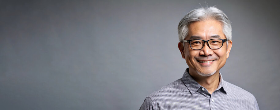 Middle aged Asian man with glasses smiling warmly on grey background. Copy space for text.