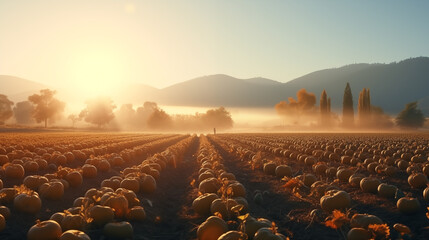 Canvas Print - Expansive Pumpkin Field at Dawn with Mist and Glowing Sunrise Over Hills