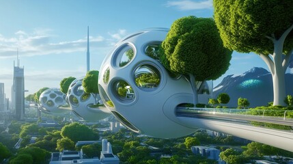 Wall Mural - A futuristic eco-city with dense tree cover, advanced clean energy solutions, and clear, pollution-free air