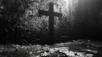 A dramatic cross shadow cast on a cement wall, creating a strong contrast between light and dark