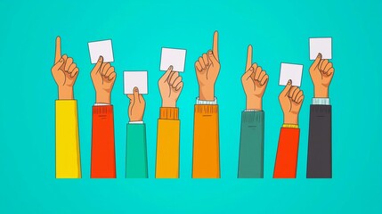 Get out the vote Group of raised hands with voting symbols, civic participation, no face, flat design illustration