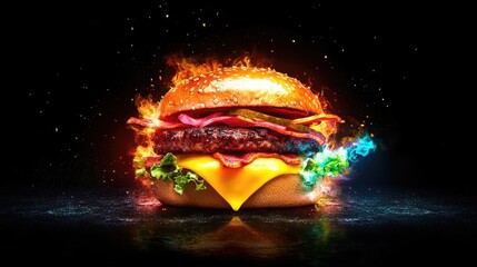 Radiant neon burger, melting cheese, and crispy bacon glow brightly on a black background for a vibrant food design