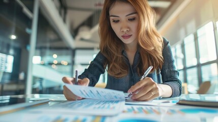 Canvas Print - portrait a happy businesswoman use pen writing on business financial data charts and graphs ,generative ai