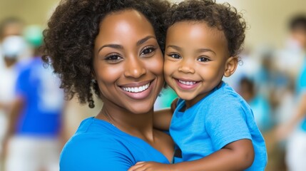 Joyful portrait of an African-American nurse holding her smiling patient. Both are radiating warmth and happiness in a lively setting