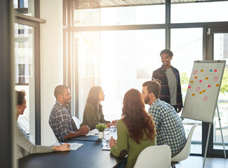 Poster - Business people, whiteboard and sticky note for brainstorming, presentation or collaboration in office. Creative agency, board and post it for project management, teamwork and workshop with diversity