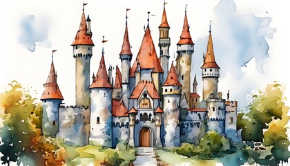 Wall Mural - Enchanted watercolor depiction of a fairytale castle adorned with whimsical towers and spires