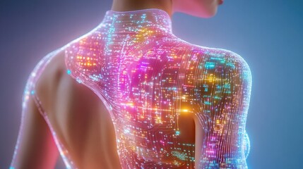 Poster - Smart textile material, microbial fiber weave, glowing circuits, futuristic clothing