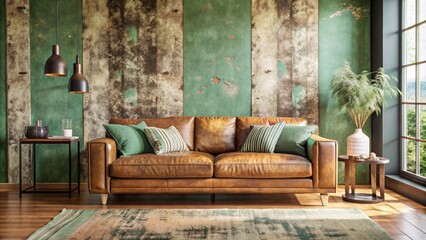 Sofa near grunge teal stucco wall with copy space. Loft interior design of modern living room.
