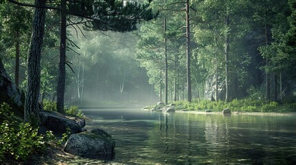 Wall Mural - Serene Forest River Landscape with Sunlight and Fog