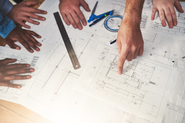 Aufkleber - Hands, design and architecture in workshop for blueprint, drawing and measurement for building. People, professional and architect for construction, project or property with stationary or engineering