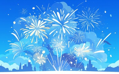 Wall Mural - Blue Sky with Fireworks Blooming in Light White and Dark Gray Flat Design