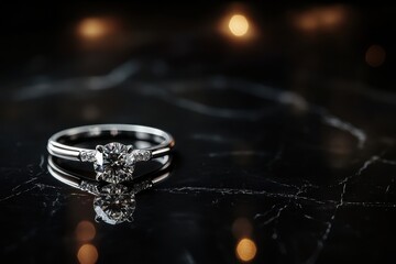 Wall Mural - A close-up of an elegant diamond engagement ring on a dark, reflective surface.