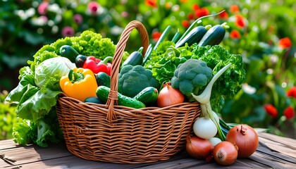 Wall Mural - Rustic wicker basket brimming with fresh garden vegetables on a wooden table amidst a lush outdoor setting