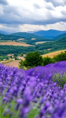 Poster - Purple Lavender Field with Rolling Hills and Cloudy Sky.