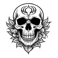 Halloween. Black and white drawing. Logo design for use in graphics.  Skull