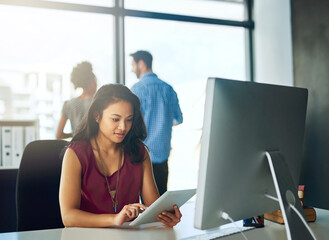 Poster - Business woman, tablet and research in office for social media, project administration and networking. Digital agency, tech and online in workplace for software, web design and mobile app development