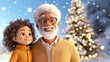 © Ed - Happy grandfather and grandson admiring snowfall, Christmas holidays, 3D drawing with wishes of Merry Christmas and Happy New Year