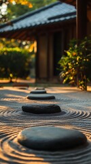 Sticker - Zen Garden with Stones and Sand Patterns in Japanese Garden.