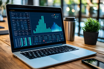 Photo laptop is displayed on a wooden table, showcasing charts and graphs related to analysis, business accounting, and statistics concepts.