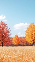 Wall Mural - Autumnal Forest with Golden Leaves and Blue Sky.