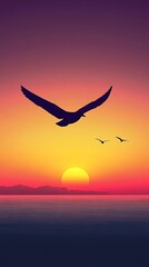 Poster - Silhouettes of Seagulls Flying Over a Sunset.