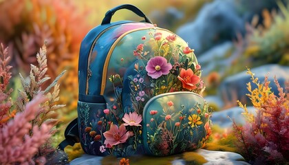 Wall Mural - Whimsical Floral Backpack Amidst a Dreamy Colorful Landscape Perfect for Travel and Nature Adventures