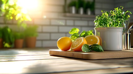 Fresh lemons and basil are arranged on a wooden countertop, ready for a burst of flavor and freshness.