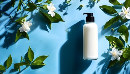 Wall Mural - Elegant lotion bottle surrounded by green leaves and white flowers on a blue backdrop with dramatic shadows.